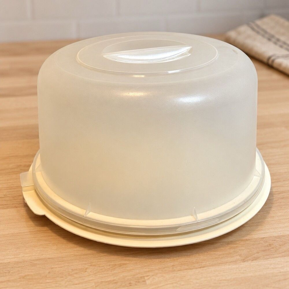 Round Plastic Cake Container Carrier Handle Lid & Base White/Clear 10 in Vtg